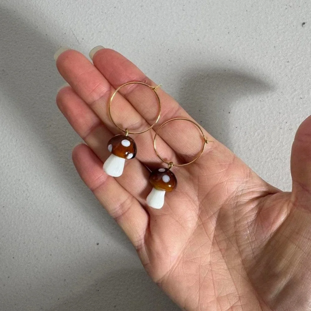 Glass‎ Mushroom Gold Hoop Earrings